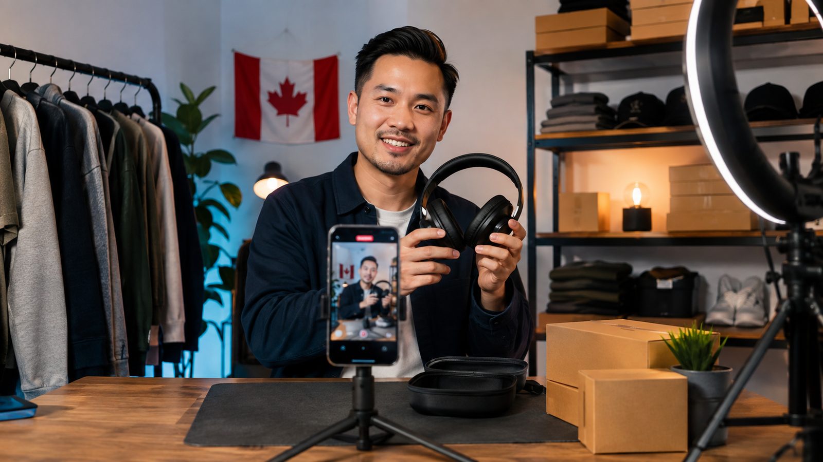 Canadian reseller presenting headphones during a smartphone livestream, with inventory and shipping boxes in the studio